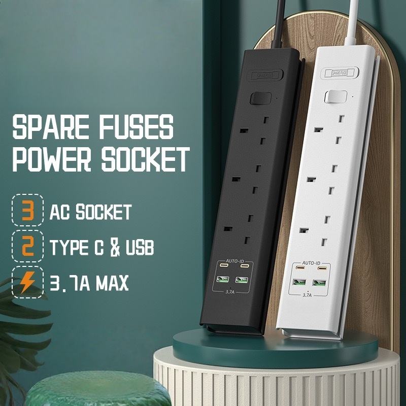 Ổ cắm điện Đen Trắng 100-240V chuẩn Anh 3.7A có 2 cổng USB và 2 cổng Type-C sạc nhanh