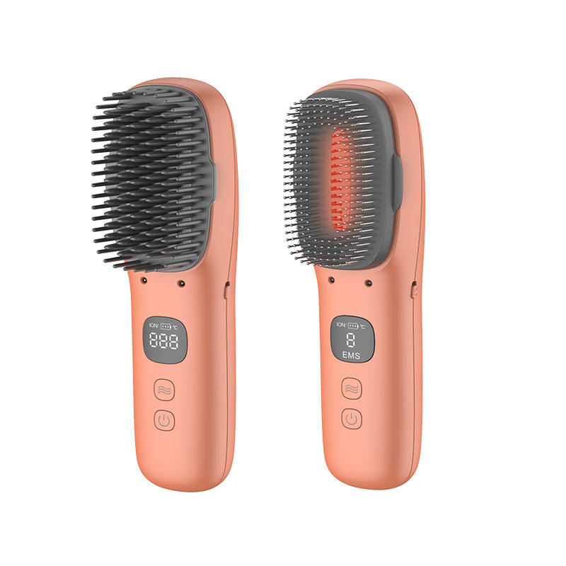 Bàn chải tóc màu cam, đèn LED đỏ, nút điều khiển và màn hình hiển thị.