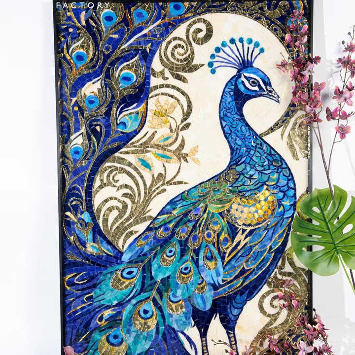 Natural Stone And Glass Mosaic Painting Peacock For Wall Decoration