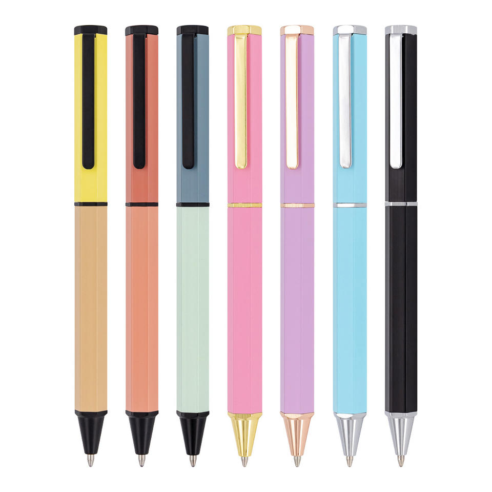 Promotion: High quality, durable, new creative polygonal metal ballpoint pen, multicolor, with custom logo. 