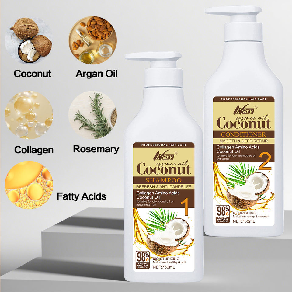 Nary Wholesale Custom Organic Coconut Smooth Shampoo and Conditioner, Natural Collagen Keratin Repair Damaged Hair 