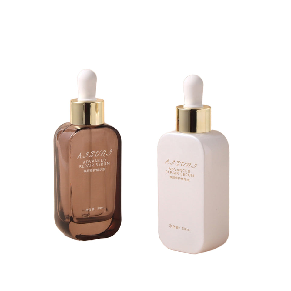 50ml luxury flat glass bottle, rounded corner plastic cap, dropper, used for Skin Cream, Perfume, Essential Oil, packaged with box 