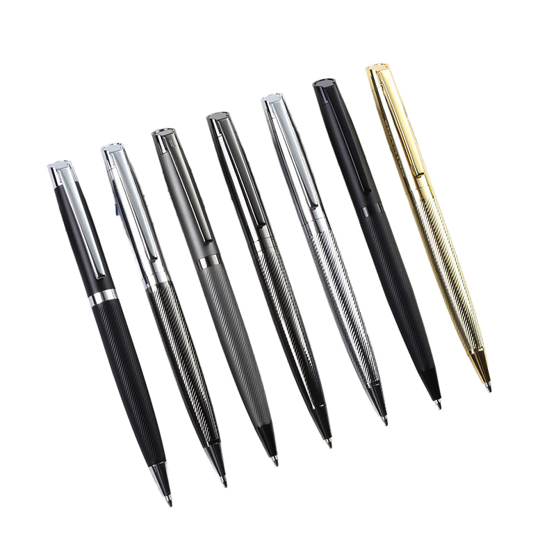 Premium metal ballpoint pen, custom logo engraving, matte finish, corporate gift, feather material 