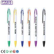 Sáu bút bi màu sắc khác nhau, kẹp màu xanh, vàng, xanh dương, cam, tím, đen, chữ đen dọc.