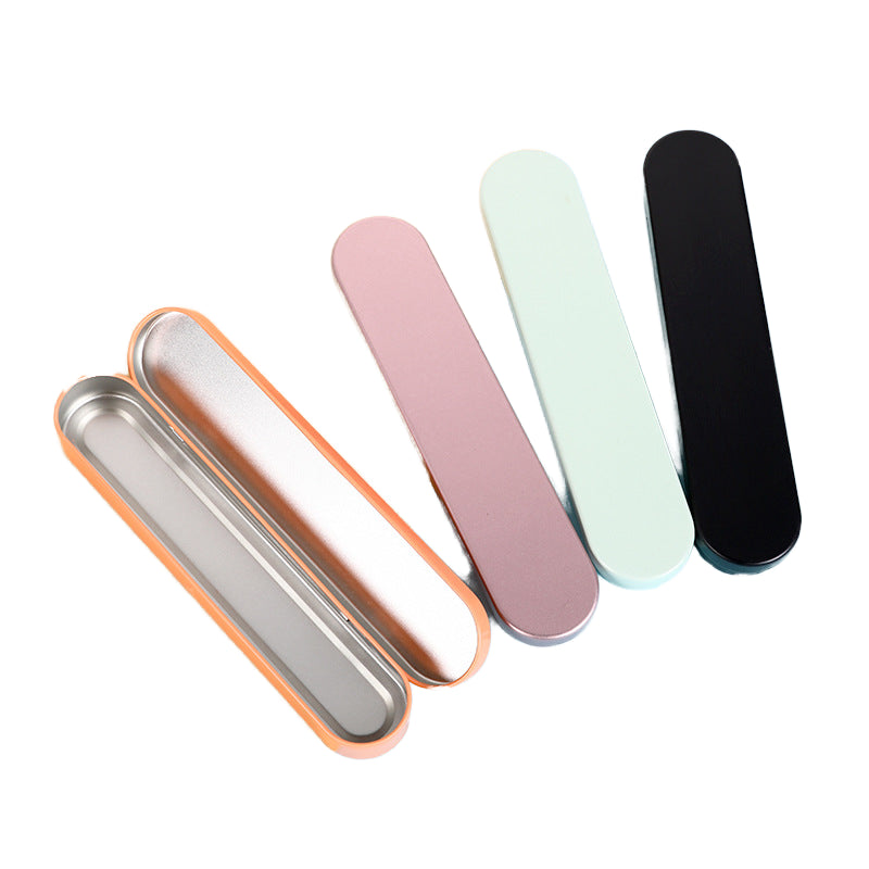 Silver tin flip top beauty pen and needle case, square design, solid color with logo, factory stock