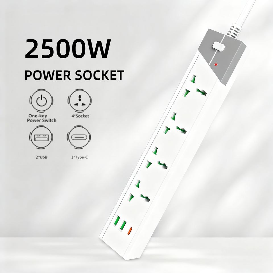 Ổ cắm điện kéo dài chống sét lan truyền 2500W, phích cắm UK EU, 3 ổ cắm, 2 cổng USB và 1 cổng PD cho gia đình, văn phòng
