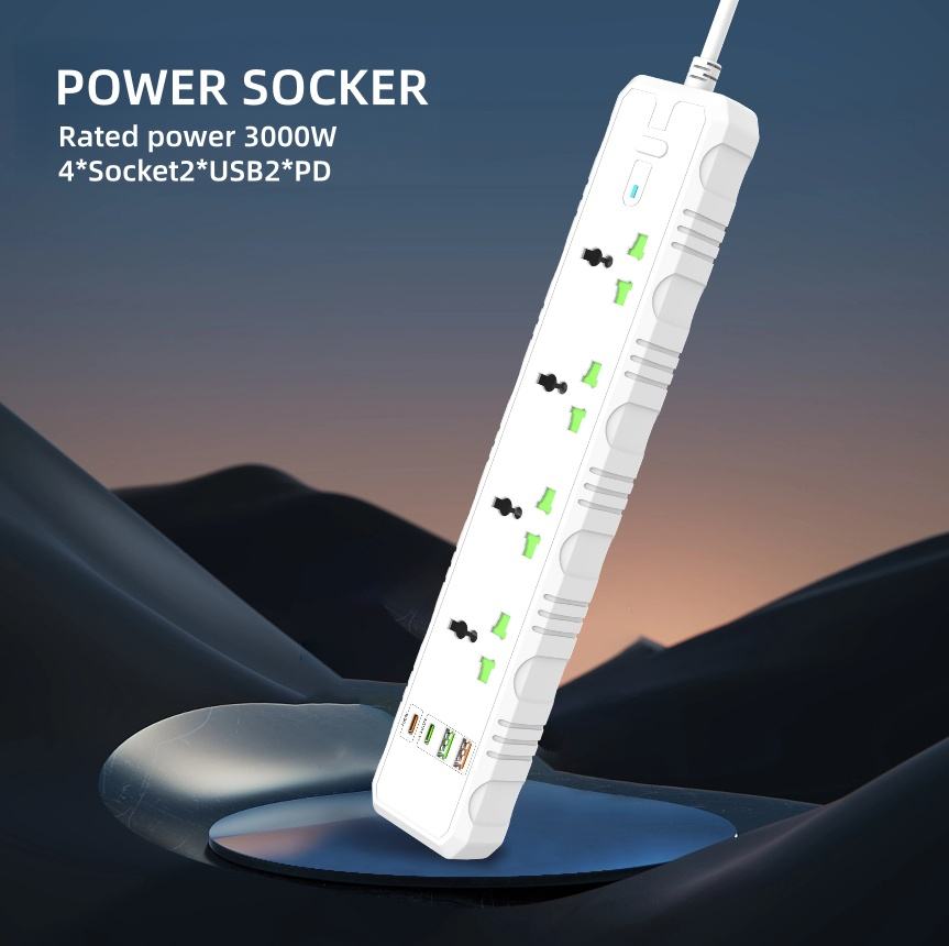 Ổ cắm điện bảo vệ tăng áp 4 ổ cắm có công tắc, kèm 2 cổng USB và 2 cổng PD, dùng cho gia đình và văn phòng