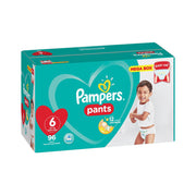 Hộp tã Pampers xanh với hình trái tim, em bé cười, chữ "Mega Box" và số 6 màu đỏ.