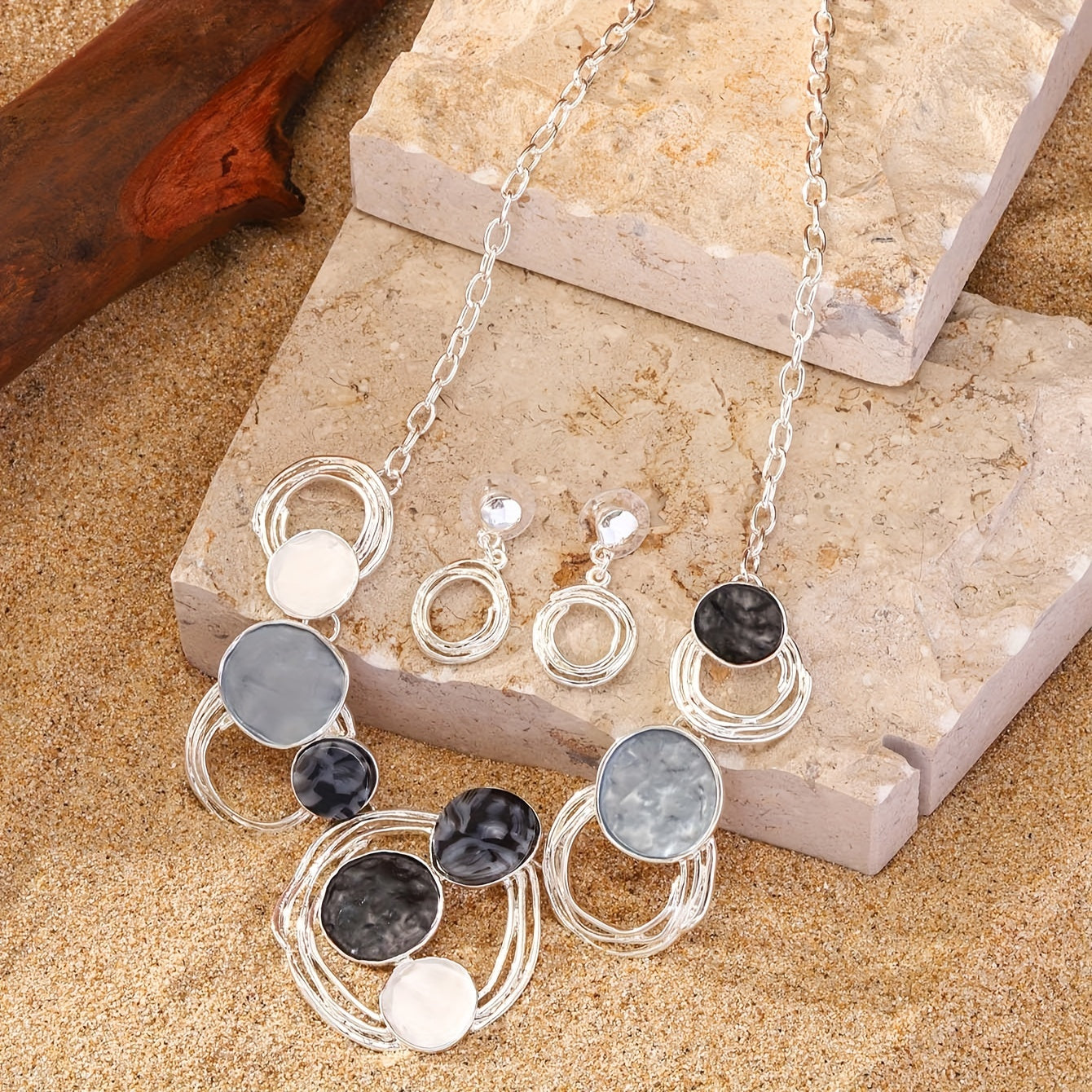 Meicem Geometric Silver Jewelry Set: Necklace &amp; Earrings