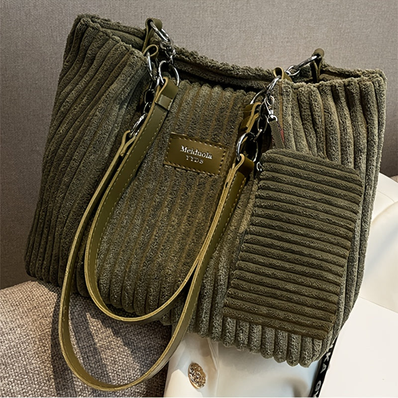 Perfect Lily Women's 2pcs Corduroy Tote & Handbag Set - Elegant Large Capacity Handbags with Zipper Closure, Fixed Strap & Polyester Lining, Beige/White/Green/Black, Versatile for Daily Commute, Work, Shopping - Durable Cordu - Daisan Mart