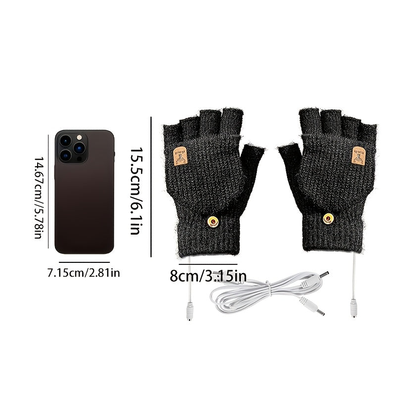 USB Interface Electronic Warmer, Male And Female Universal USB Heating Gloves Knitted Semi Heated Fingerless+Flip Heating Heater with Button Washable Design Gloves for Winter Hand Warmth Laptop Gloves, Without Battery
