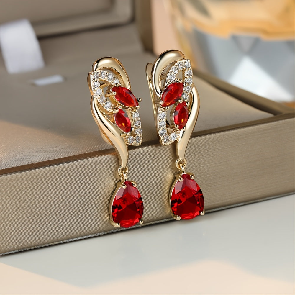 ANGOL Romantic Flower Dangle Earrings for Women - Golden-Tone Floral Design with Red &amp; Clear Synthetic Gemstones, Elegant Party &amp; Everyday Jewelry Gifts
