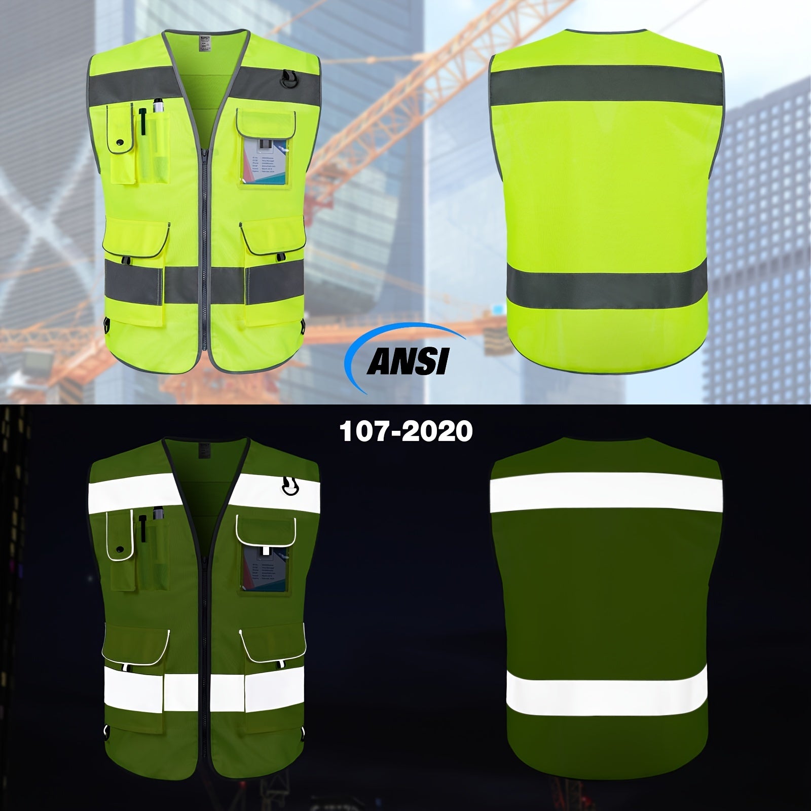 TCCFCCT Bison Series ANSI/ISEA 107-2020 Compliant Safety Vest for Men &amp; Women - Reflective Vest with 9 Pockets, Premium 120g Polyester, Reinforced Stitching, Adjustable Straps &amp; Storage Pockets for Construction, Surveyors, Dr.
