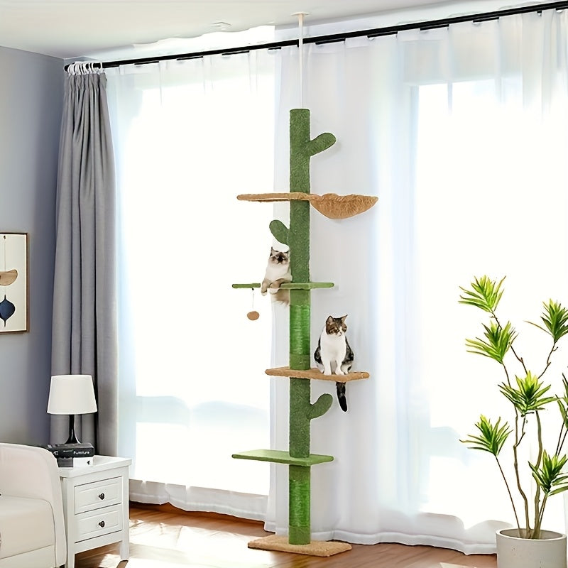 90-107" Floor To Ceiling Cat Tree Tower 4 Tier Tall Cat Climbing Posts Adjustable, Gray, Black, Khaki