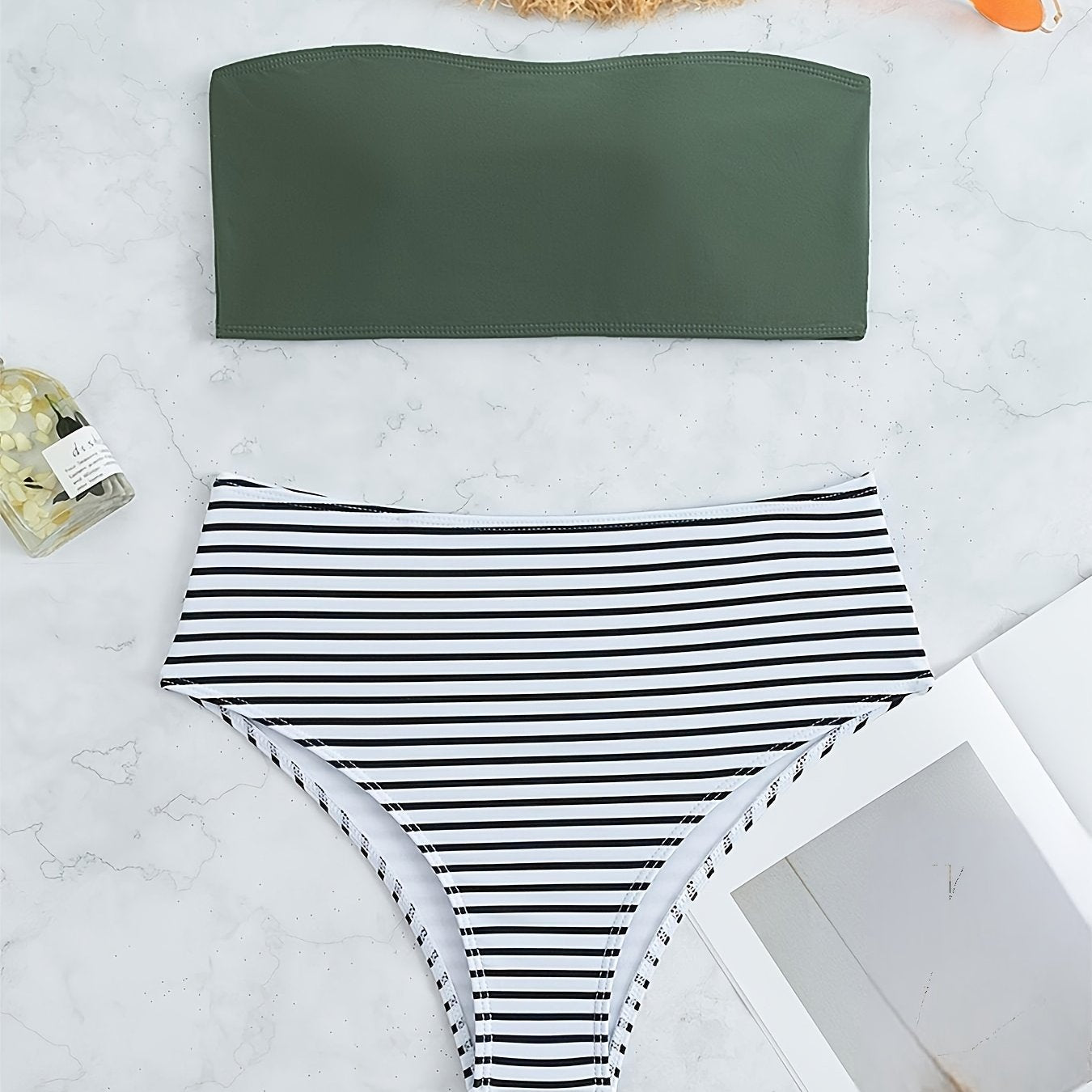 Black and White Striped Bikini &amp; Moss Green Tube Top