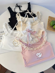 4件裝女士蕾絲邊無袖吊帶背心，內置胸墊 - 花卉和動物印花短款吊帶衫，柔粉色/白色/黑色/米色，可機洗休閒夏季上衣，易於打理，裝飾蝴蝶結細節