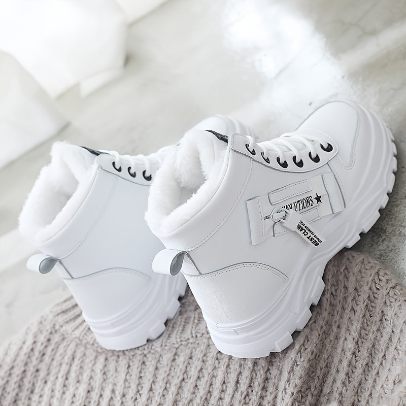 [Warm Fleece-Lined Winter Boots] Warm Fleece-Lined Women's Winter High-Top Boots - Thick Rubber Sole, Lace-Up Casual Style, White & Beige, Perfect for Cold Weather Comfort - Daisan Mart