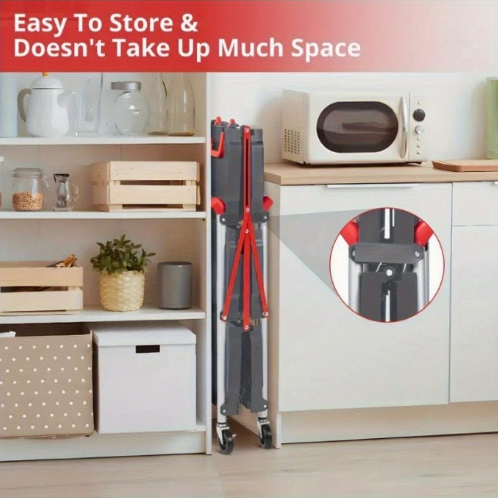 Heavy-Duty 3-Tier Folding Wheeled Cart with 56 lbs Load Capacity per Shelf - Portable Metal Service Cart with 4-Wheel Mobility, Sturdy Frame &amp; Red Accents