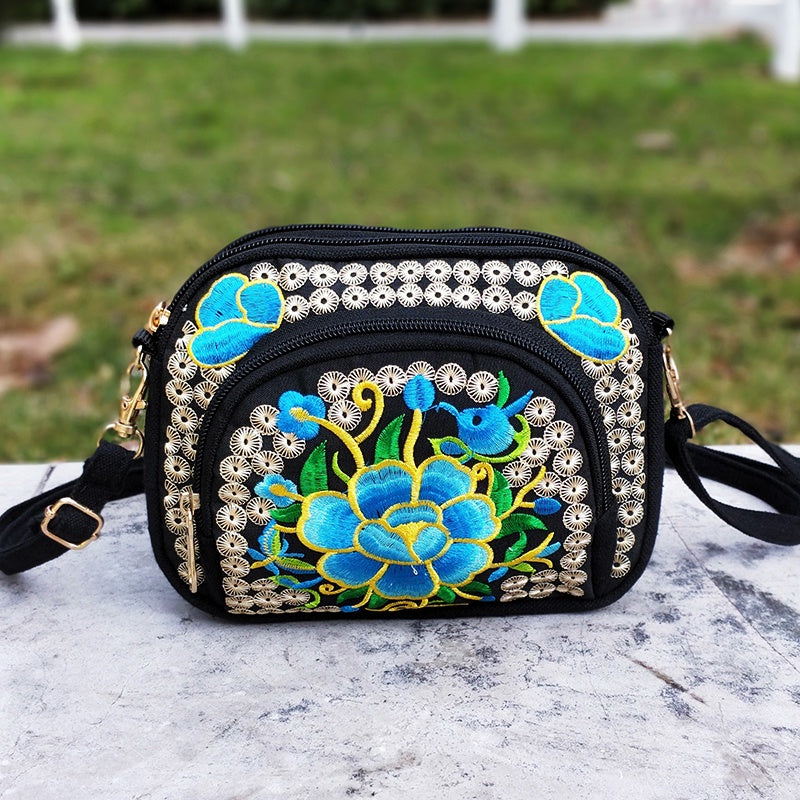 Embroidered Floral Crossbody Bag, Detachable Strap