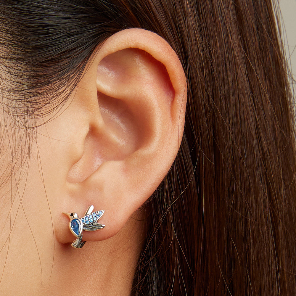 Elegant 925 Sterling Silver Hummingbird Earrings with Blue Stones
