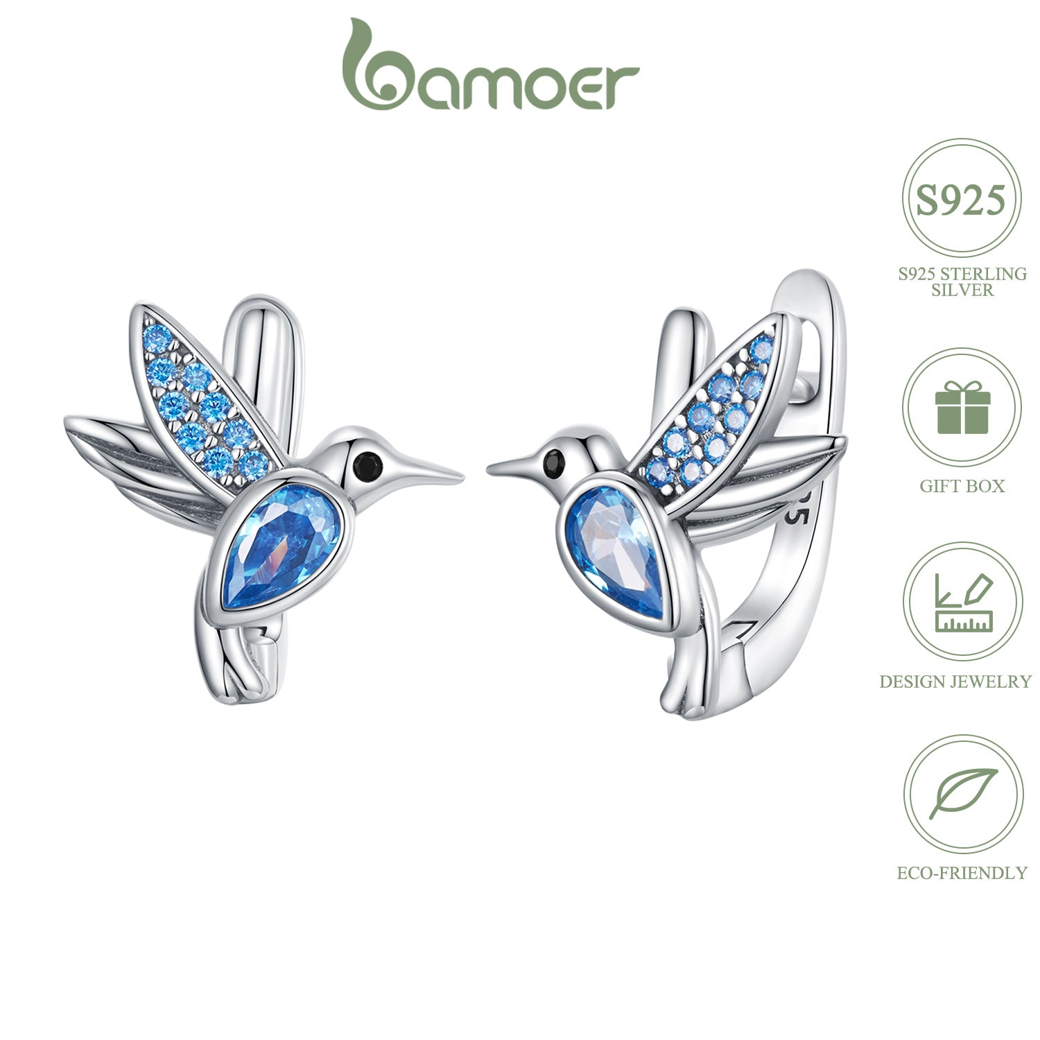 Elegant 925 Sterling Silver Hummingbird Earrings with Blue Stones