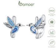 Elegant 925 Sterling Silver Hummingbird Earrings with Blue Stones