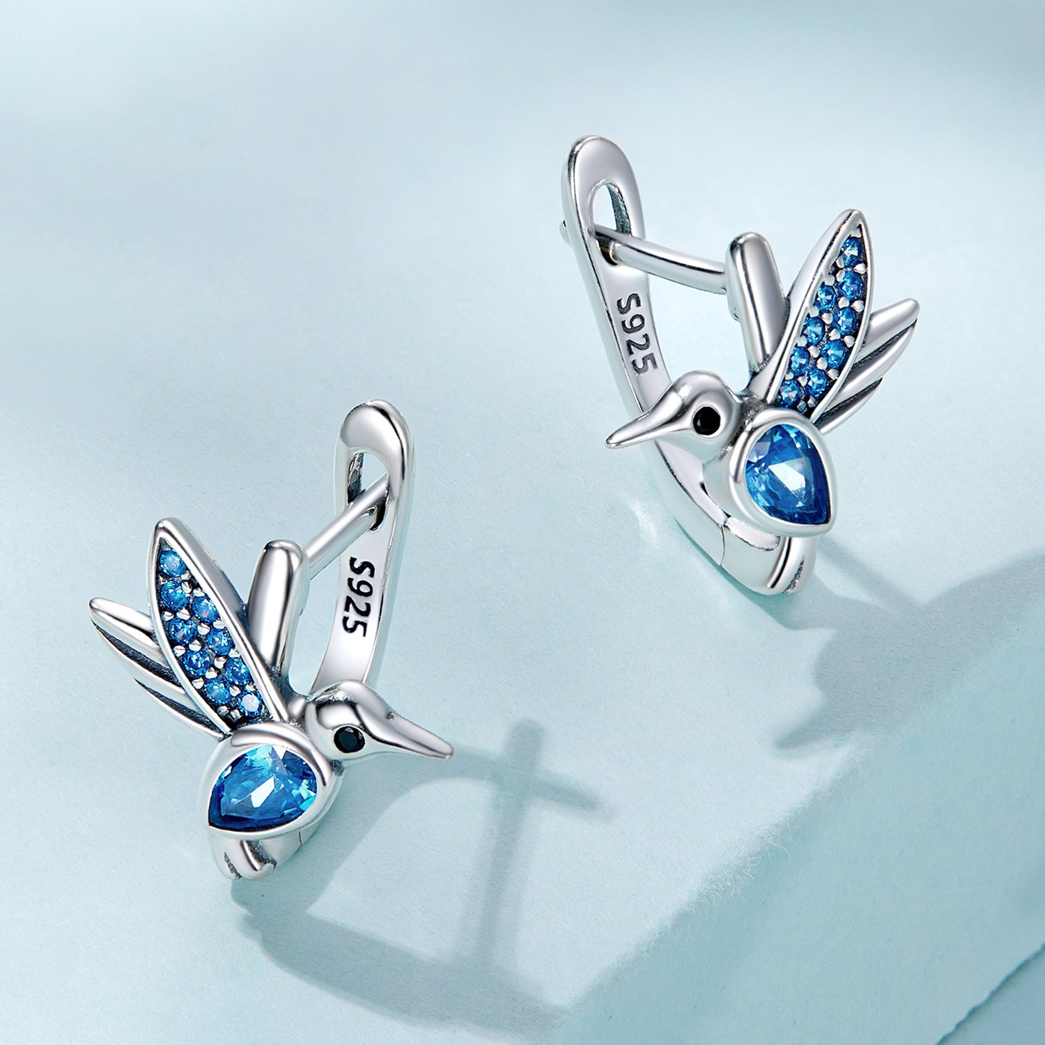 Elegant 925 Sterling Silver Hummingbird Earrings with Blue Stones