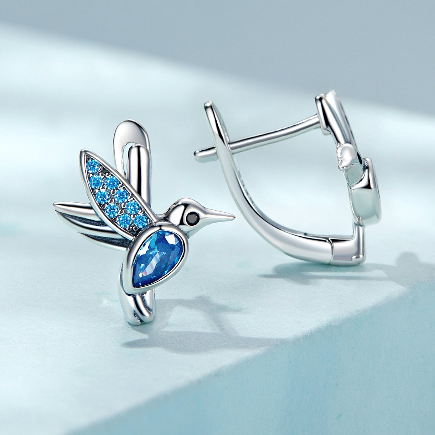 Elegant 925 Sterling Silver Hummingbird Earrings with Blue Stones