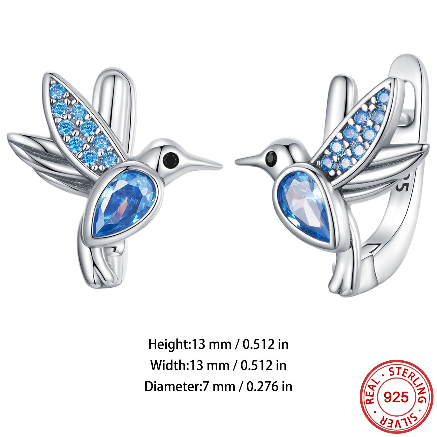 Elegant 925 Sterling Silver Hummingbird Earrings with Blue Stones
