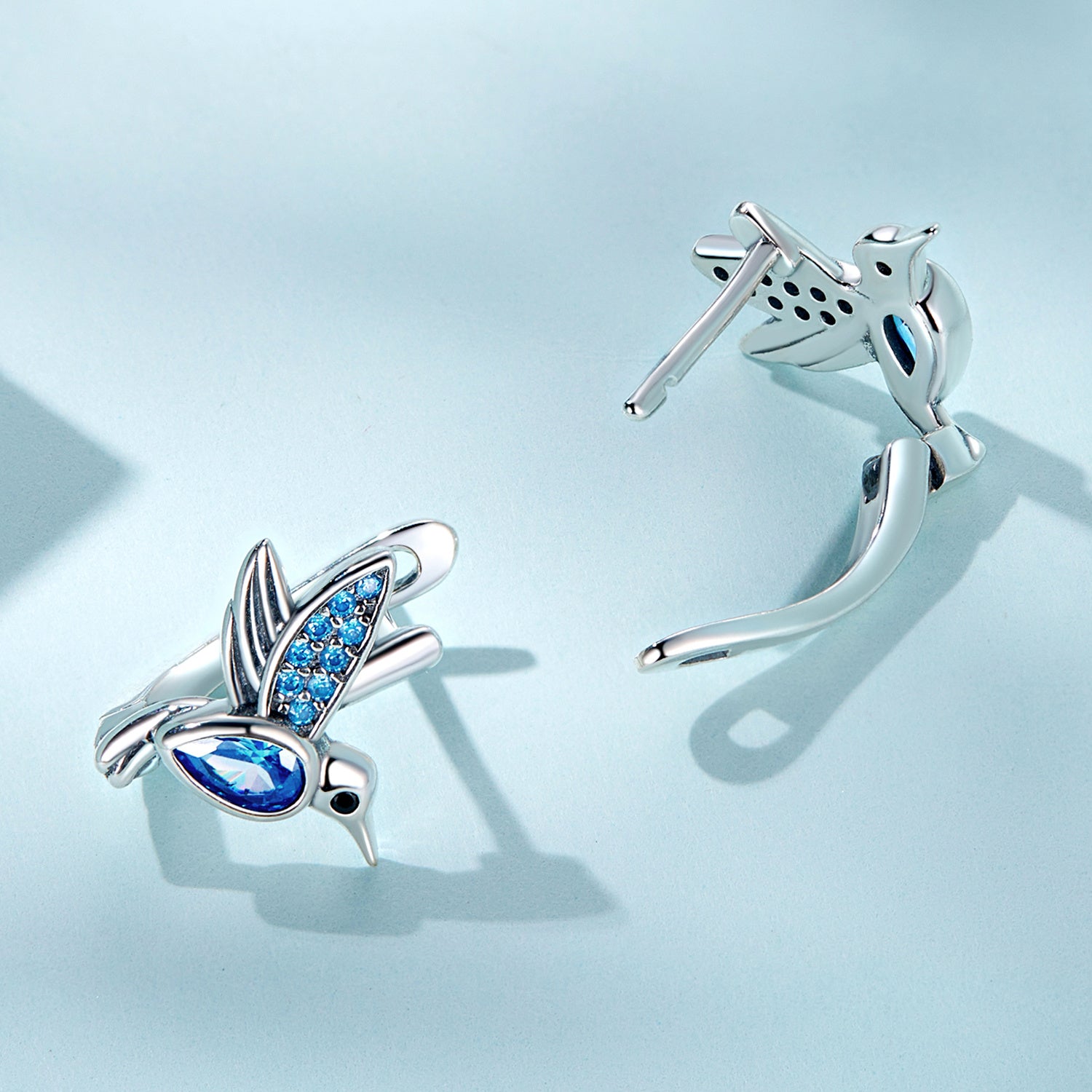 Elegant 925 Sterling Silver Hummingbird Earrings with Blue Stones