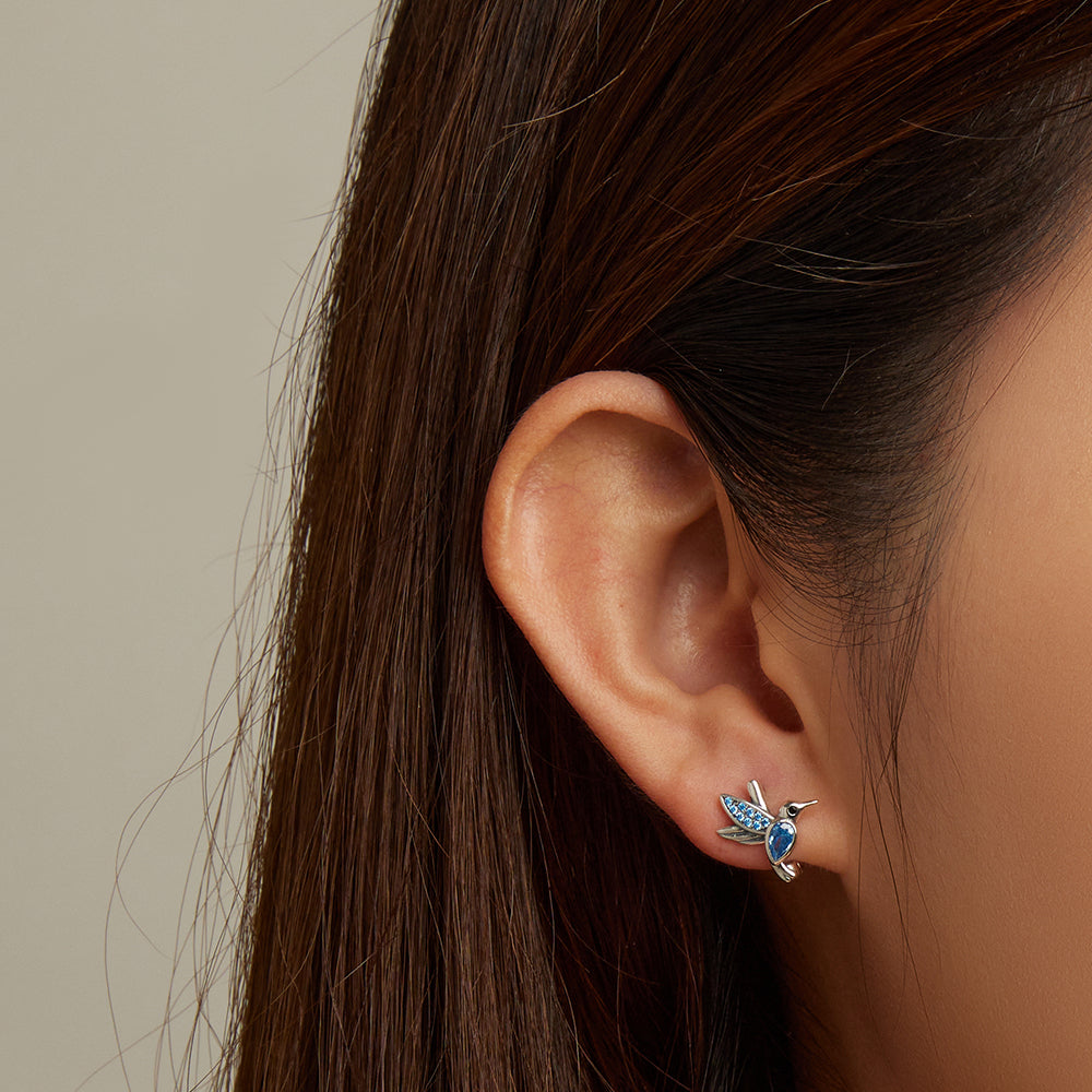 Elegant 925 Sterling Silver Hummingbird Earrings with Blue Stones