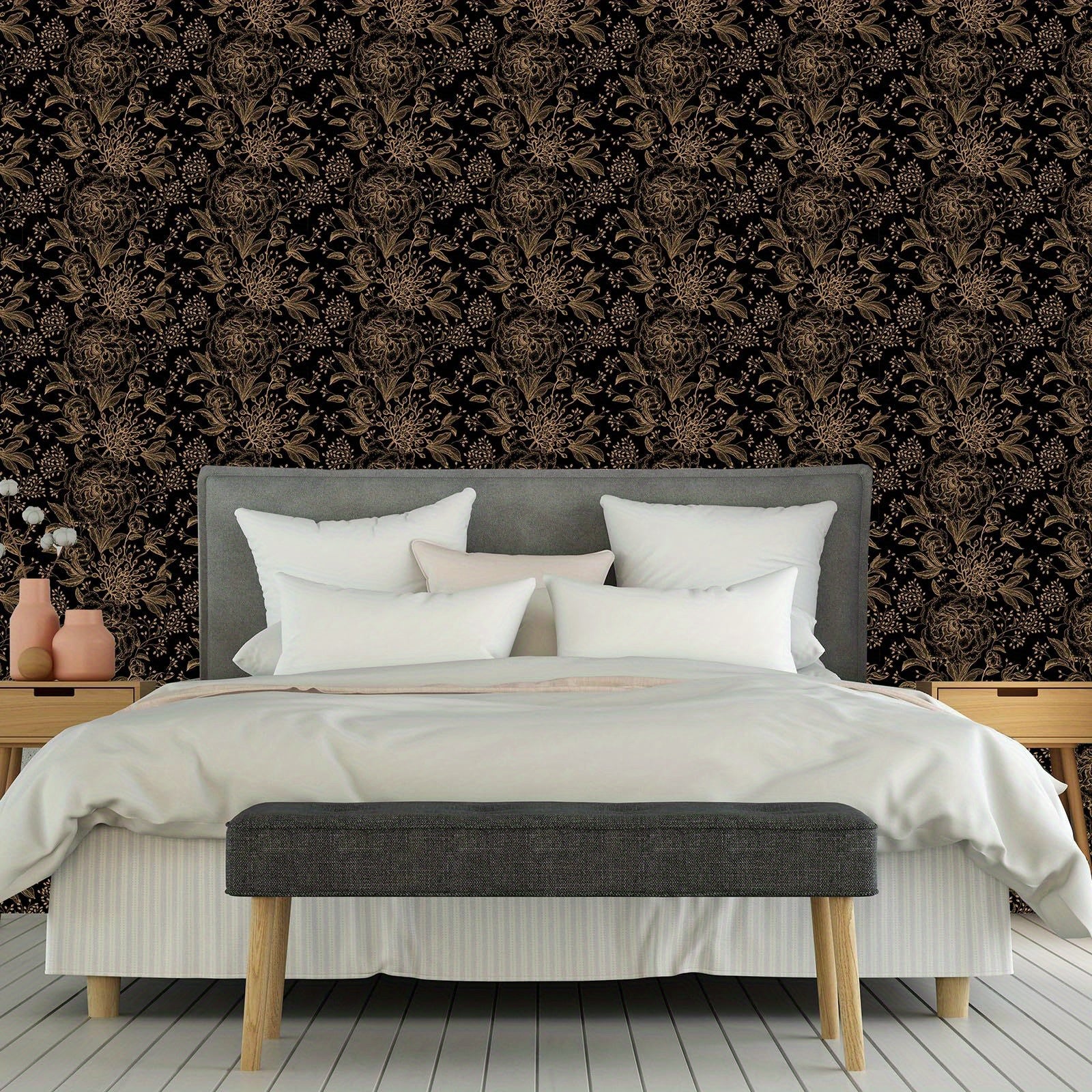 Giấy Dán Tường Hoa Đen Vàng Vintage, Chống Nước, Dễ Dán - Daisan Mart