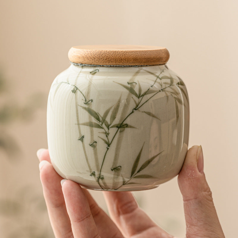 [High-Grade Pu'Er Green Tea Jar] Emerald Green Asparagus Fern Tea Jar Sealed Jar Ceramic Tea Container Moisture-Proof Chinese High-Grade Pu'Er Green Tea Warehouse