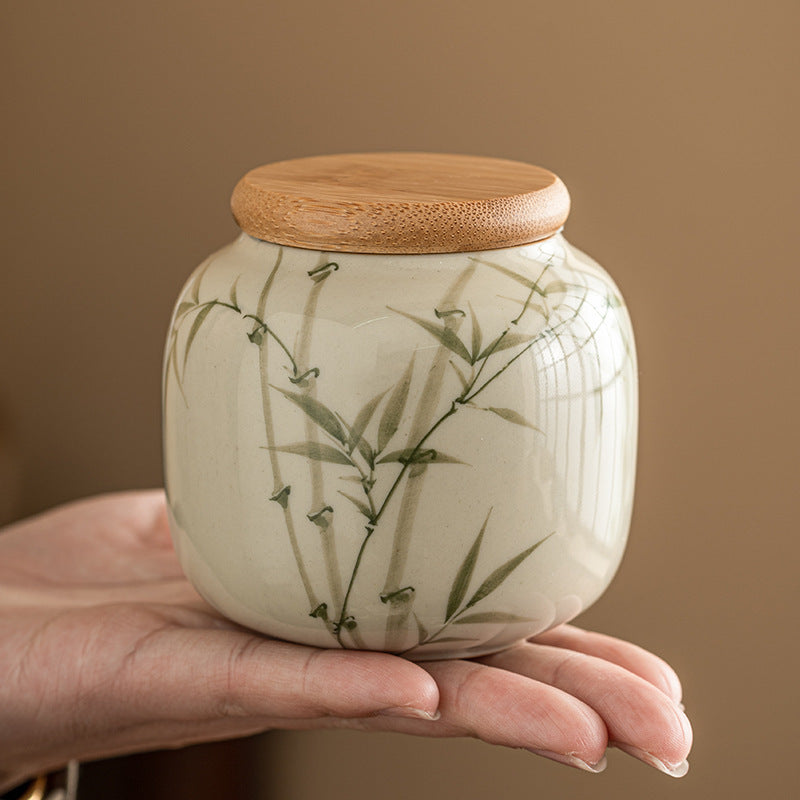 [High-Grade Pu'Er Green Tea Jar] Emerald Green Asparagus Fern Tea Jar Sealed Jar Ceramic Tea Container Moisture-Proof Chinese High-Grade Pu'Er Green Tea Warehouse