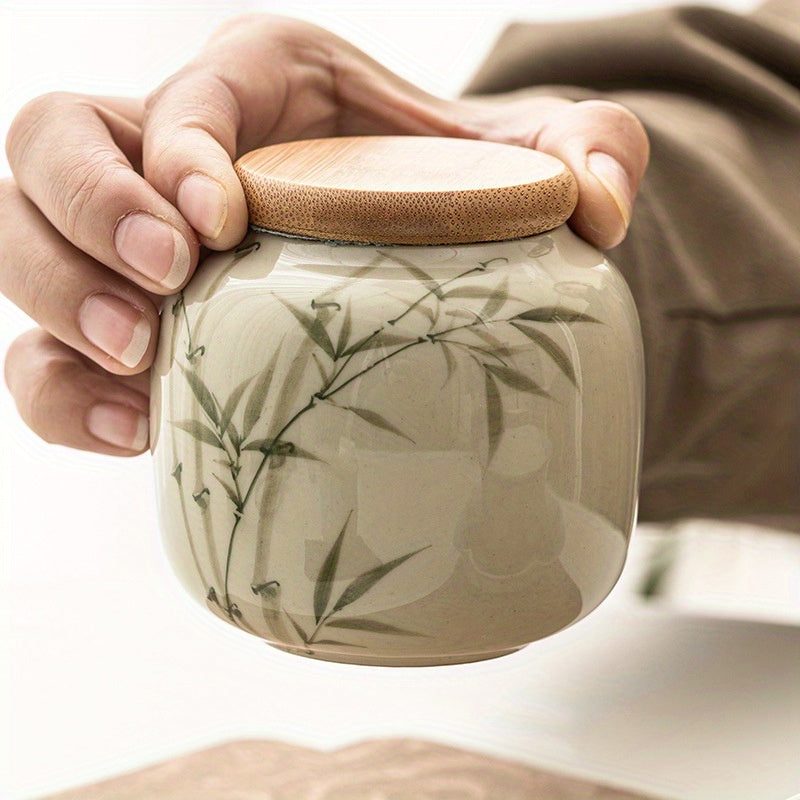[High-Grade Pu'Er Green Tea Jar] Emerald Green Asparagus Fern Tea Jar Sealed Jar Ceramic Tea Container Moisture-Proof Chinese High-Grade Pu'Er Green Tea Warehouse