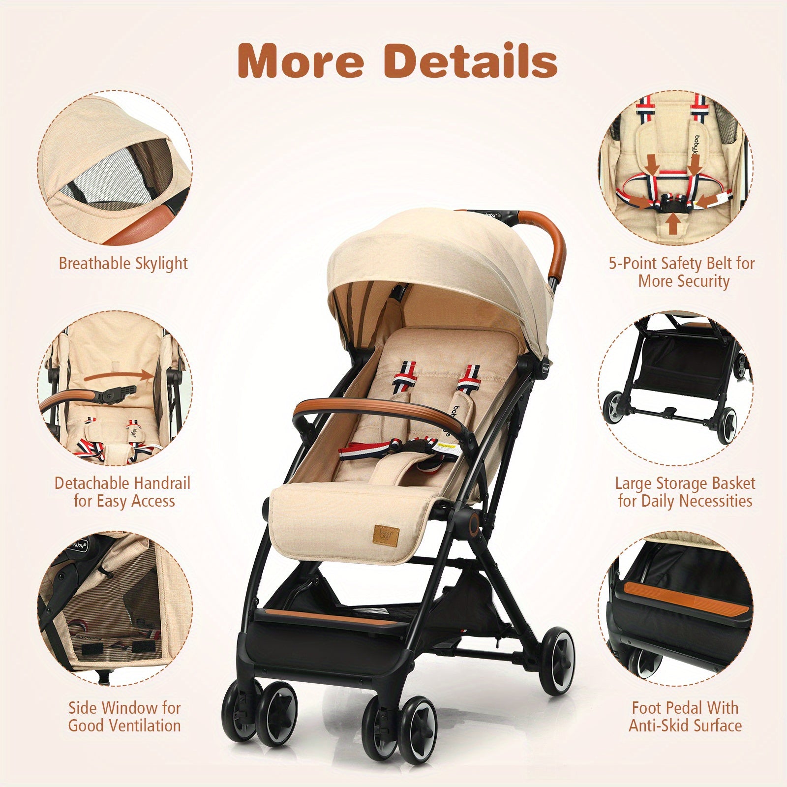 LIFEZEAL Lightweight Travel Stroller Aluminum Frame Beige