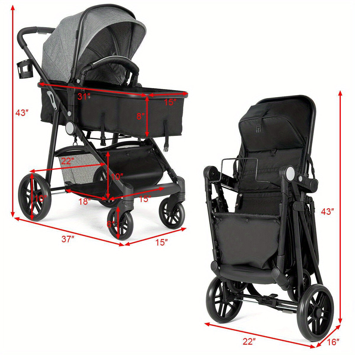 2in1 Foldable Stroller For Baby Gray