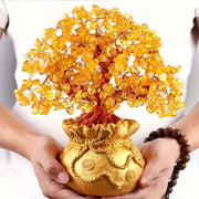 Elegant Golden Resin Wealth Tree with Natural Crystal Leaves - Attracts Prosperity & Fortune, Feng Shui-Inspired Home Decor, Unique Business Gift, Auspicious Wealth Symbol, Ideal for Reptile Habitat Tree, Feng Shui Home Decor