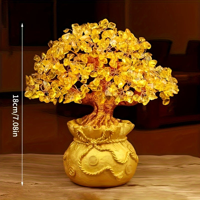 Elegant Golden Resin Wealth Tree with Natural Crystal Leaves - Attracts Prosperity & Fortune, Feng Shui-Inspired Home Decor, Unique Business Gift, Auspicious Wealth Symbol, Ideal for Reptile Habitat Tree, Feng Shui Home Decor
