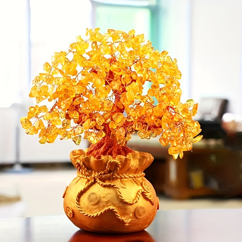 Elegant Golden Resin Wealth Tree with Natural Crystal Leaves - Attracts Prosperity & Fortune, Feng Shui-Inspired Home Decor, Unique Business Gift, Auspicious Wealth Symbol, Ideal for Reptile Habitat Tree, Feng Shui Home Decor