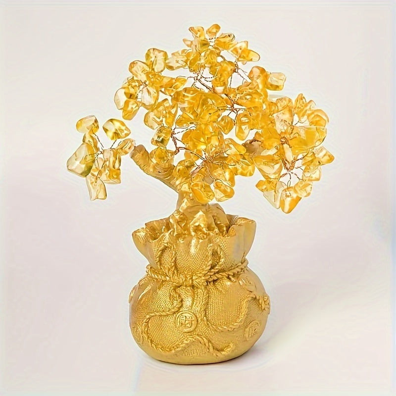 Elegant Golden Resin Wealth Tree with Natural Crystal Leaves - Attracts Prosperity & Fortune, Feng Shui-Inspired Home Decor, Unique Business Gift, Auspicious Wealth Symbol, Ideal for Reptile Habitat Tree, Feng Shui Home Decor