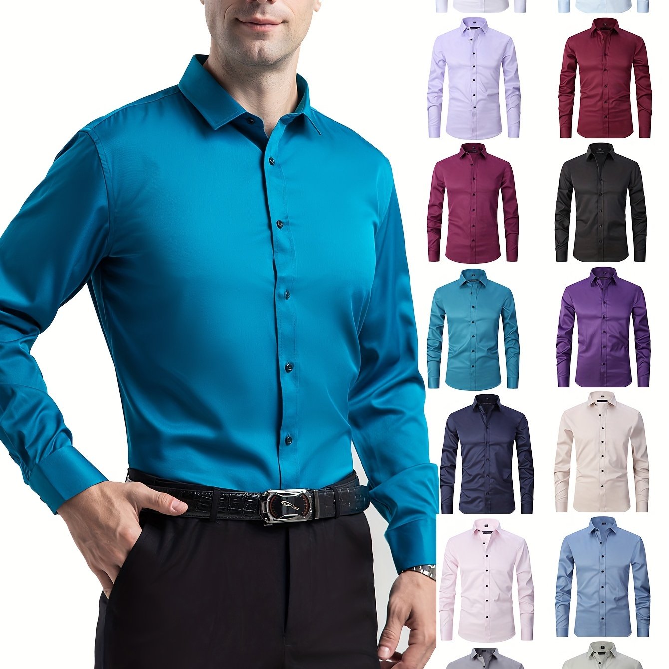 男士修身彈性正裝襯衫，輕薄商務翻領長袖襯衫，男士商務襯衫抗皺耐用純色正裝長袖襯衫，帶紐帶和口袋，適合工作、通勤、約會
