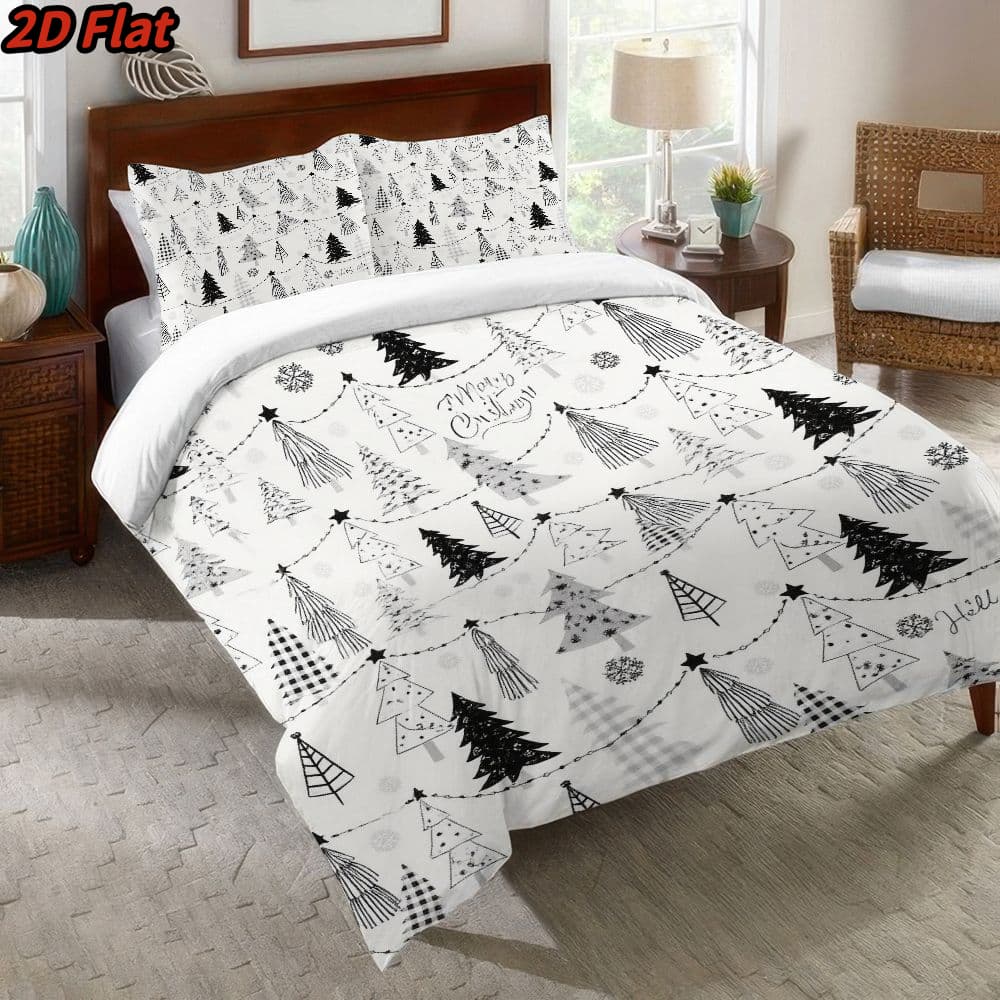 3pcs 2D Flat Christmas Tree Pattern Duvet Cover - Winter Holiday Themed Bedding, Black White Sketch Design, Soft Microfiber Fabric, Zippered Closure, Easy Care Washable Comforter for Bedroom Decor, All-Season 1100% polyester