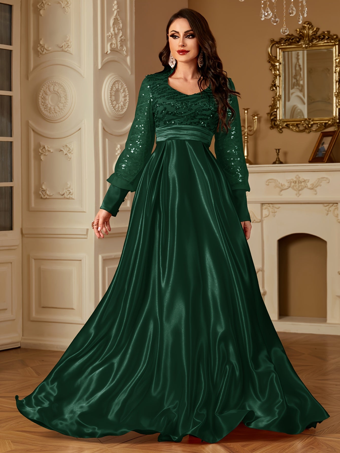 XUIBOL Women's Elegant Long Sleeve Satin Evening Gown - Waist-Cinching Slim Fit A-Line Dress with Sparkling Pearl & Sequin Embellishments, Round Neck Floor-Length Formal Party Dress for Weddings & Galas - Daisan Mart