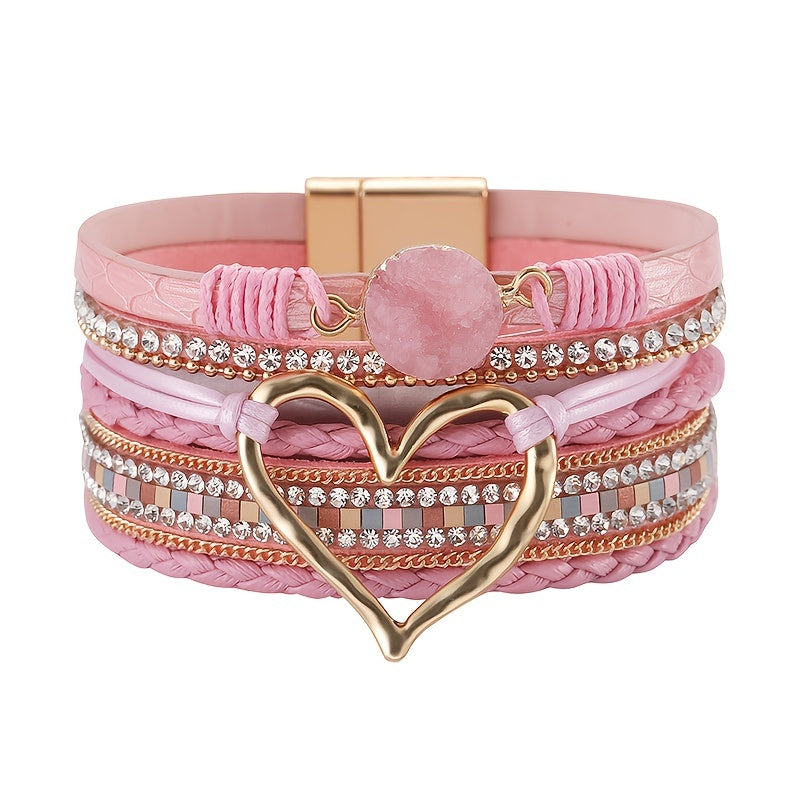 [Boho Chic Heart Bracelet] Boho Chic Multi-Layer PU Leather Magnetic Clasp Bracelet - Black Braided Design & Crystal Accents, Golden-Tone Metal Heart Pendant, Elegant Love Heart - Daisan Mart