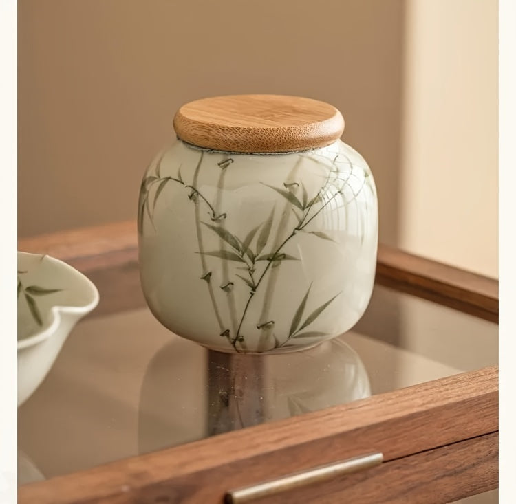 [High-Grade Pu'Er Green Tea Jar] Emerald Green Asparagus Fern Tea Jar Sealed Jar Ceramic Tea Container Moisture-Proof Chinese High-Grade Pu'Er Green Tea Warehouse