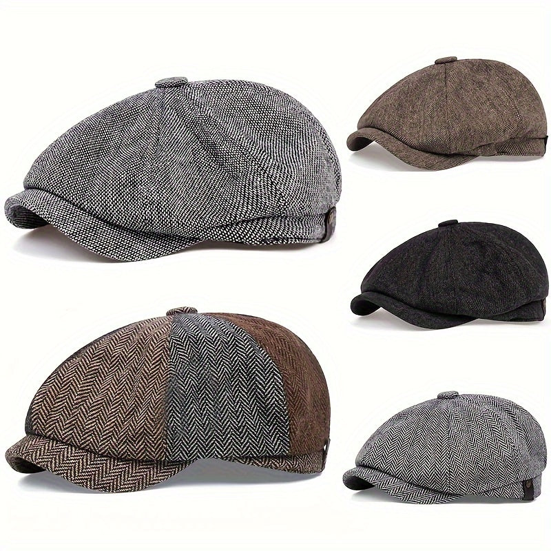 Năm mũ nồi kiểu dáng vintage, họa tiết vân xương cá, màu xám, nâu, và đen.