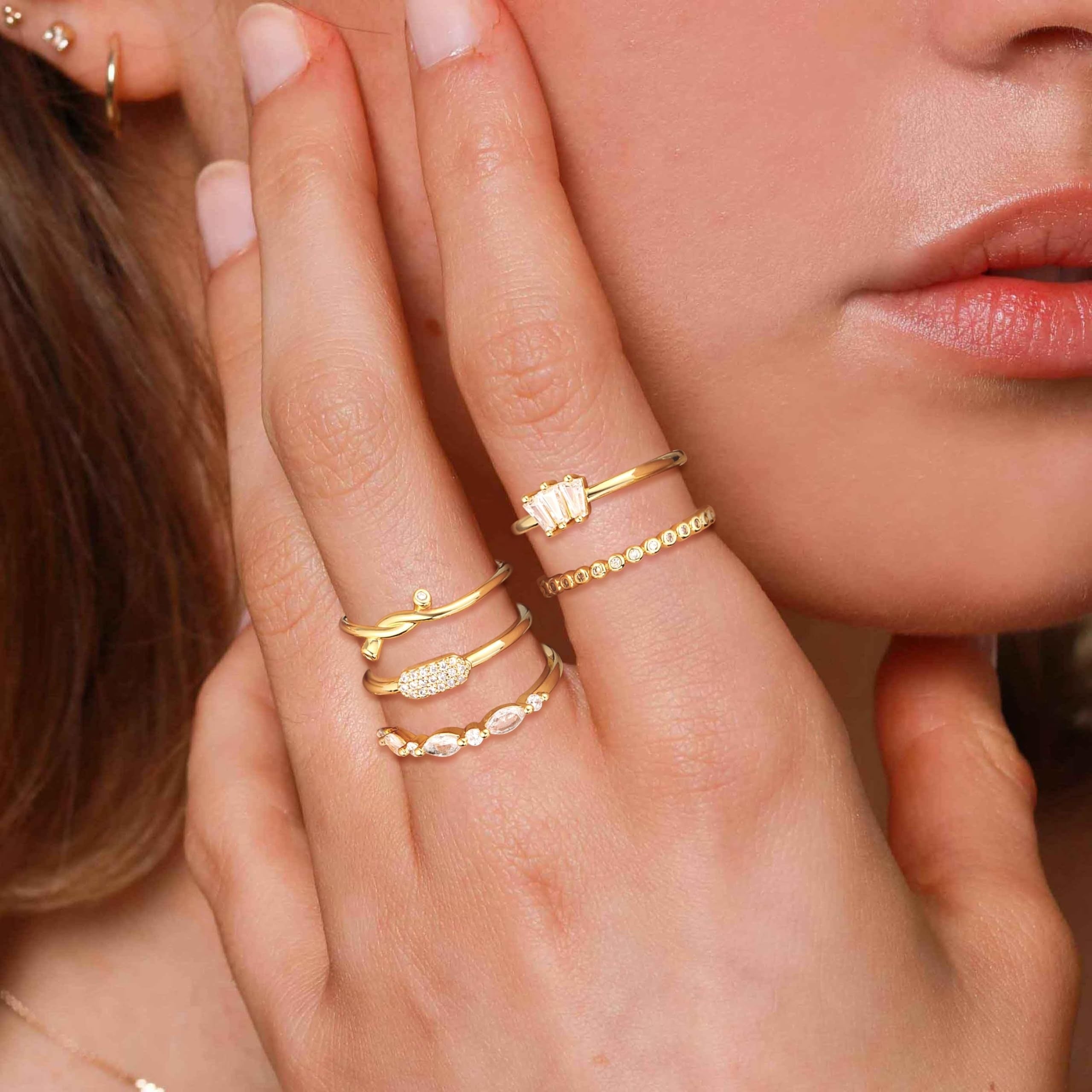 Set of 5 Women's Gold Rings, Non-Tarnish, With Stones, Many Sizes