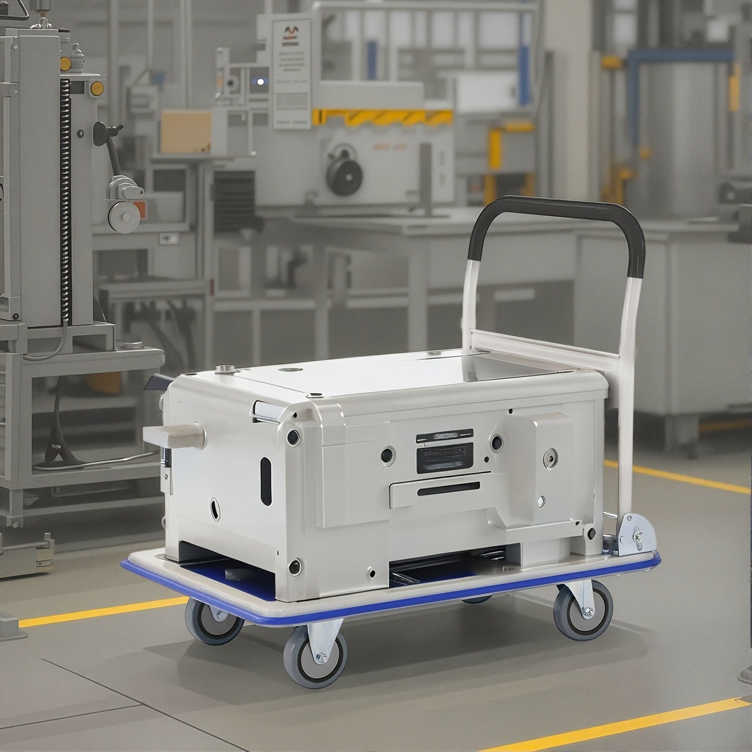 A Foldable Platform Hand Truck With High Load-bearing Capacity, Crafted From Carbon Steel, Features Two 360° Silent Swivel Wheels And Two Fixed Silent Wheels For Easy Transportation Of Boxes, Furniture, And Appliances. Ideal