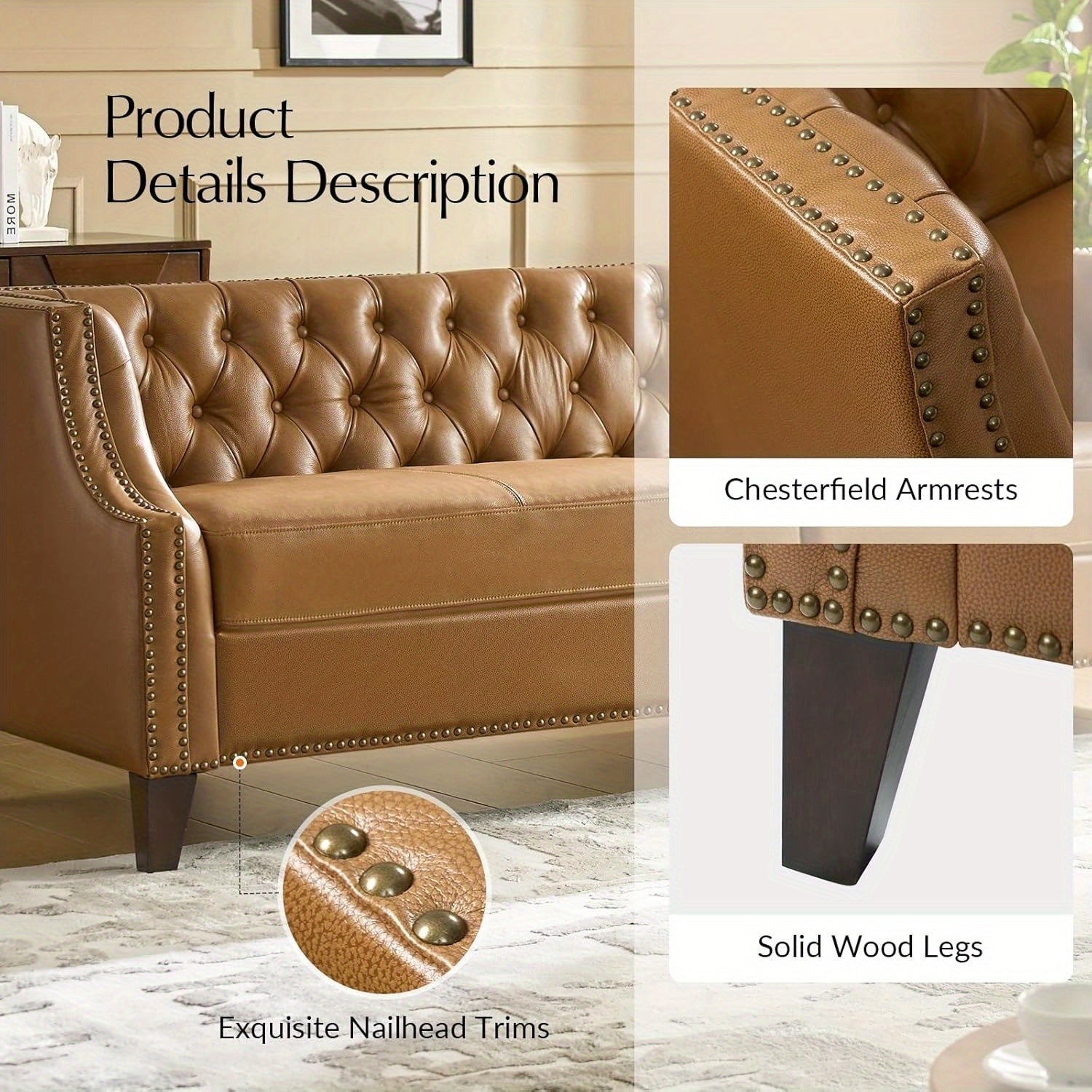 [Luxury Chesterfield Sofa] HULALA HOME 84" Genuine Leather Chesterfield Sofa | Button-Tufted 3-Seater with Solid Wood Legs, Mid-Century Modern Design, Camel Upholstery for Living Room, Apartment & Entertainment Areas, Section - Daisan Mart